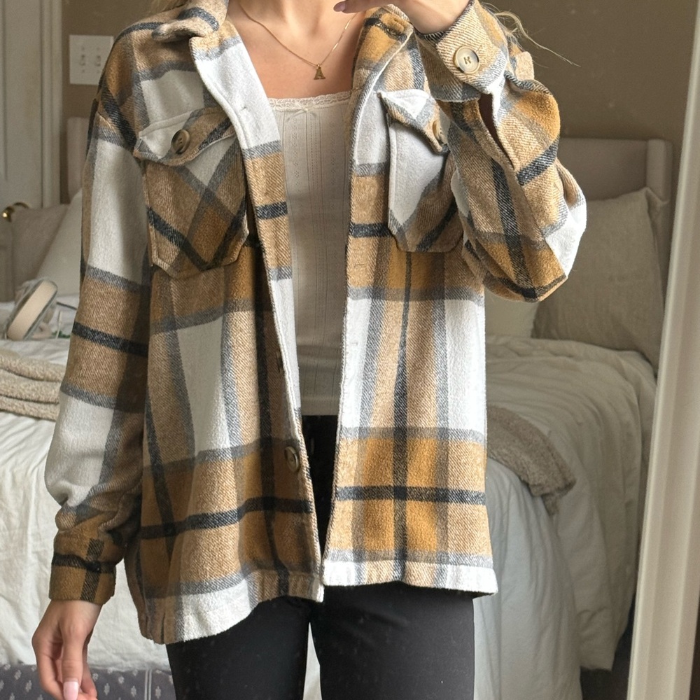 SHEIN Tan and White Plaid Utility Jacket